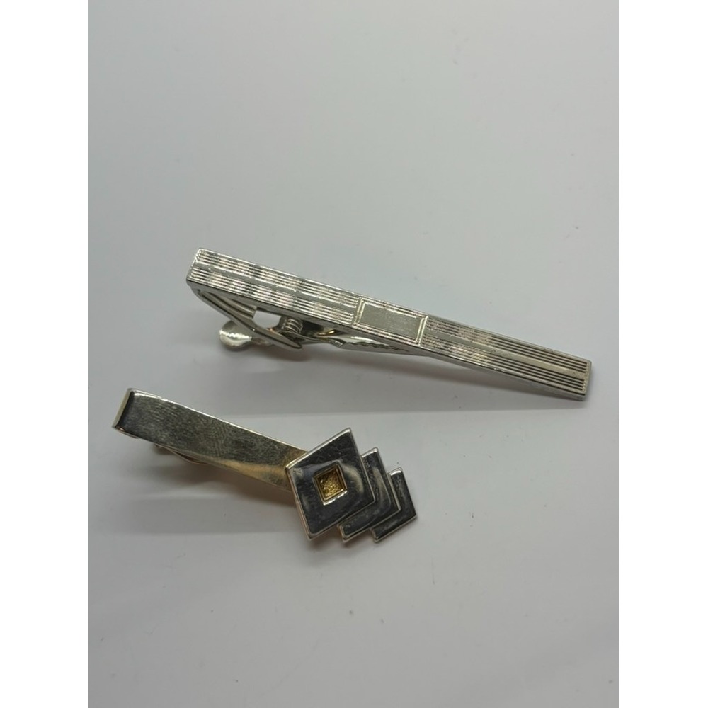 Vintage Tie Bars‎ Silver Tone Geometric Design Detail Swank Signed